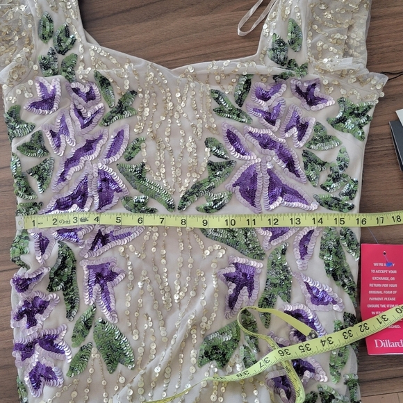 Adrianna Papell Floral Beaded Sweetheart Neck Cap Sleeves Shealth Long Gown 12 - Picture 11 of 16